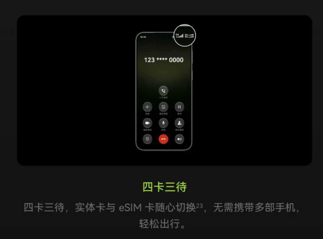 今天华为发布了 Mate 90 系列，虽然全系四款机型都支持实体 SIM 卡和 eSIM 号码。但有意思的是 Mate 90 Pro Max 以及 Mate 90 RS 机型是可以同时使用三个号码的，也就是可以理解为四卡三待（待机的三个号码中至少有两个号码为同一中国大陆运营商）。

虽然现在很多新机已经都支持实体 SIM 卡和 eSIM 了 ​