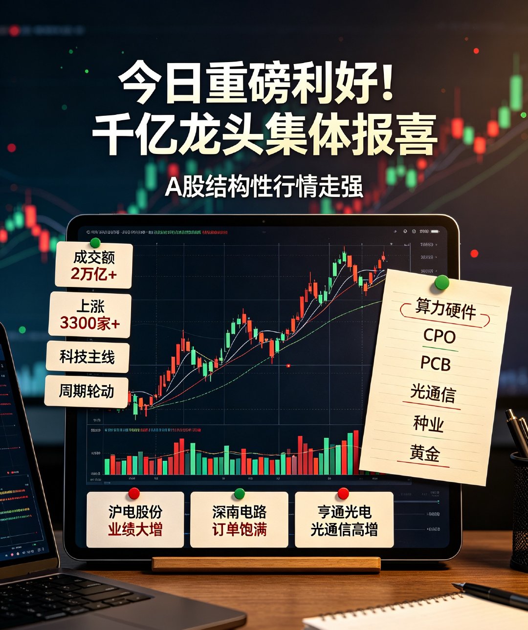 今日重磅利好！千亿龙头集体报喜，A股结构性行情走强

8月27日A股风格明显回暖，市场割裂感大幅减弱，走出科技、周期双线共振的结构性行情。两市成交额重回2万亿上方，超3300家个股上涨，赚钱效应全面扩散。

盘面热点清晰分化，AI算力产业链全线爆发。受英伟达炸裂财报催化，AI算力紧缺、高速互联需求 ​