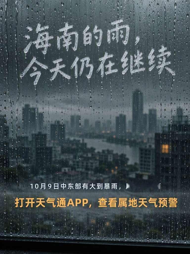 【海南今天的雨还没停，先查预警再出门】海南的雨从昨天下到今天，10月9日中东部仍有大到暴雨，局部大暴雨。雨还要持续多久、强度会不会再升级？眼下最该做的不是猜，是先看你所在的市县有没有新的预警生效。#节后开工和温差一起来了##寒露一到秋天就摊牌了##出门前花10秒查个穿衣指数#