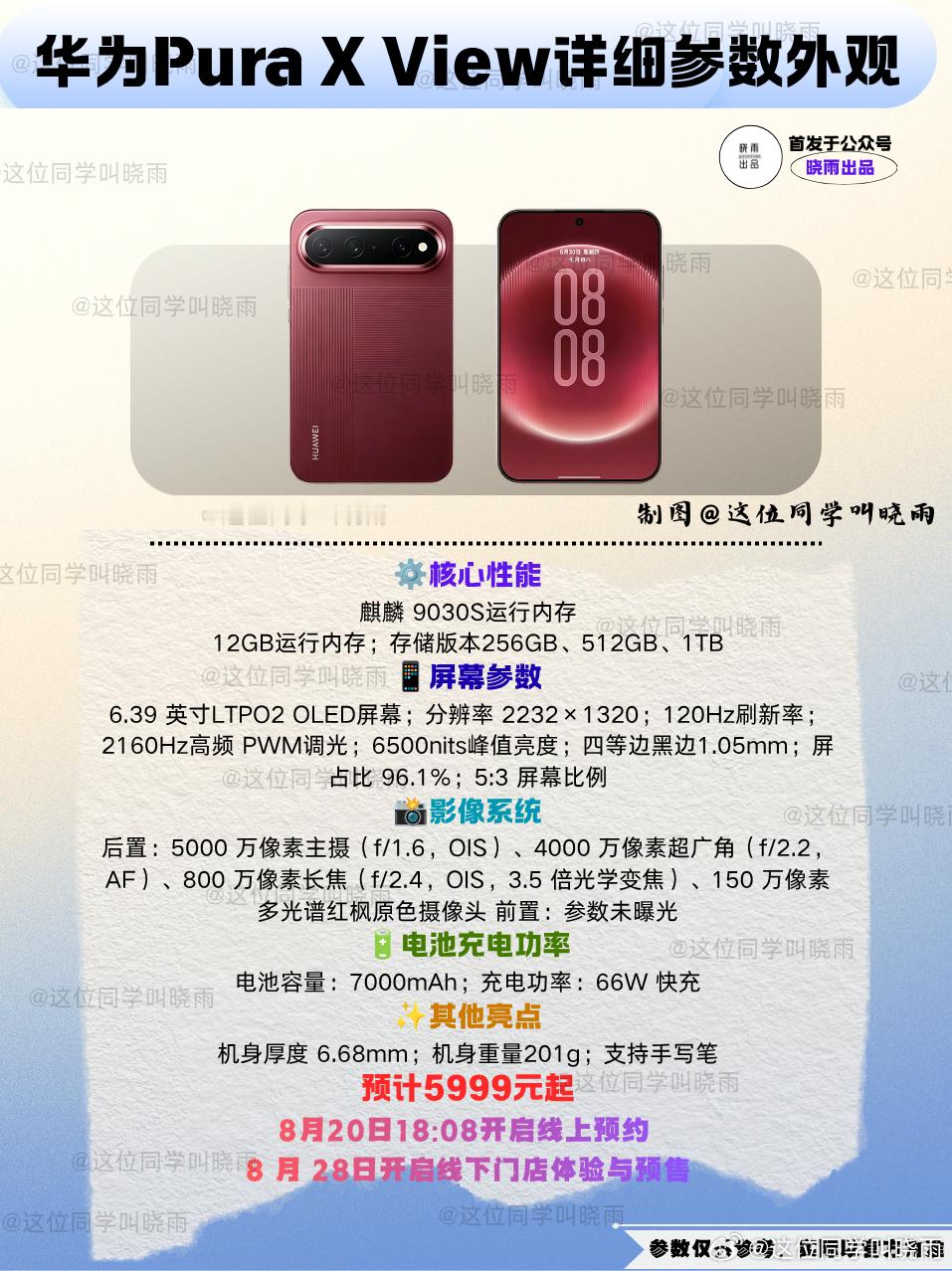 原本以为华为Pura X View在享界发布会上亮相了，注意这不是正式发布，之曝光了部分的参数，具体参数价格还未公布。

所以我根据网上的爆料总结了这款产品的参数，推测这款产品将会搭载麒麟9030S，全系12GB运存，最大的亮点是这块屏幕，可能是2026年唯一一款阔直屏手机。（多数品牌将会在明年推出类似产 ​