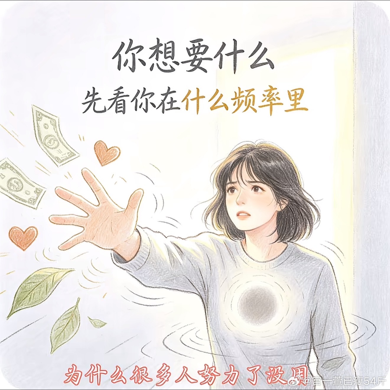 宇宙不看你的剧情，不在乎你每天做了什么只看你的频率 你就能过什么样的生活先搞懂：什么是“剧情”，什么是“频率”1. 剧情 = 你“做了什么”就是你每天发生的具体事情：• 你起早贪黑上班、熬夜学习、跑业务谈客户；• 你省吃俭用攒钱、为了赚钱焦虑到失眠；• 你到处相亲、对喜欢的人掏心掏肺；• 你每天吃保健品、坚持运动，就怕生病。这些都是你人生里的“剧情”，就像你演的一场戏，你很努力、很投入、很辛苦。2. 频率 = 你“心里是什么感觉”就是你做这些事的时候，心里真实的状态：• 你上班的时候，是“我肯定能赚到钱”的笃定，还是“我怎么还赚不到钱”的焦虑？• 你省钱的时候，是“我本来就很有钱，只是现在花得少”的踏实，还是“我没钱，所以不敢花”的匮乏？• 你相亲的时候，是“我本来就值得被爱”的自信，还是“我没人要，必须抓住这个人”的抓取？• 你运动的时候，是“我本来就很健康”的放松，还是“我怕生病，所以必须运动”的恐惧？宇宙根本不看你的剧情，只看你的频率。就像收音机，你调到什么频道，就会听到什么...