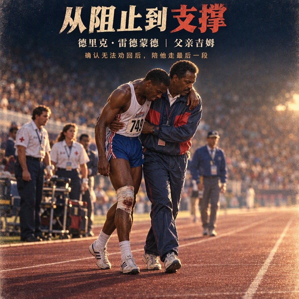 1992年巴塞罗那奥运会男子400米半决赛，德里克·雷德蒙德跑到后半程时右腿受伤，突然停下，随后倒在跑道上。等医护人员靠近，他却重新站了起来，一瘸一拐地向终点移动。

看台上的父亲吉姆很快越过阻拦进入赛场。这个画面后来常被概括成“父亲冲下来，陪儿子完成比赛”，但最值得讲的细节是：吉姆起初并 ​