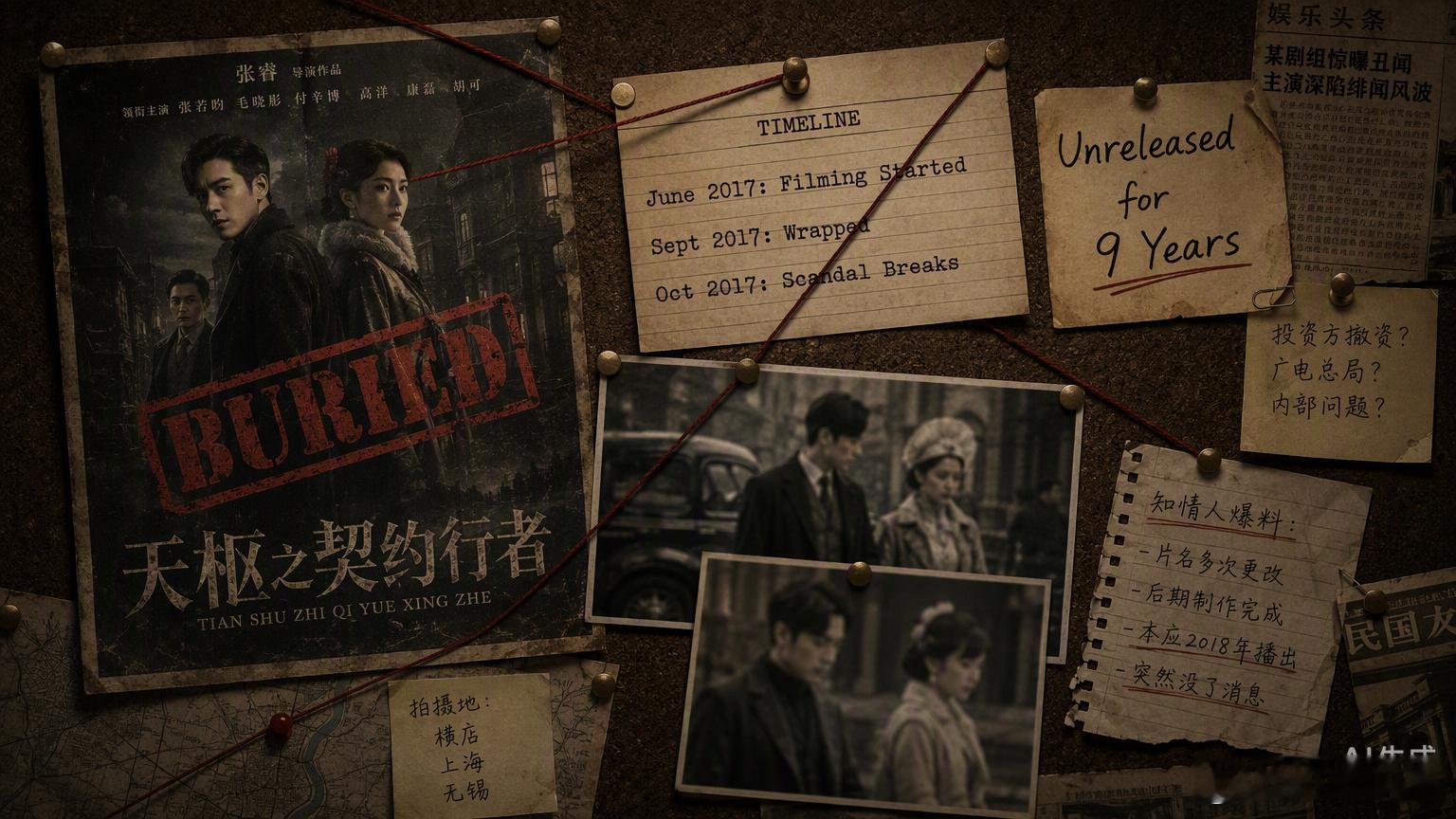 《天枢之契约行者》杀青快十年了，至今连个正片影子都没有。

陈翔演市井小混混，江铠同演海归千金，本来是个欢喜冤家的民国探险故事，2017年9月就全剧杀青，预告片剧照都发过一圈。结果同年10月电梯门事件爆发，监控视频和通话录音一出，舆论直接炸锅，这部剧也就跟着被无限期搁置。

现在网友翻出两 ​