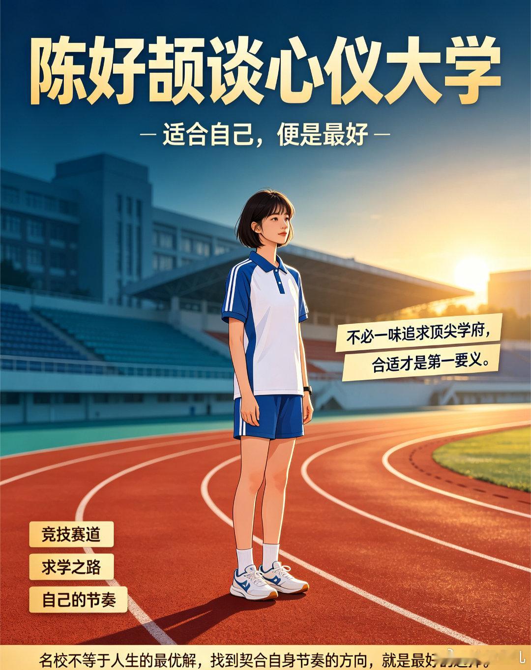 #陈妤颉谈心仪的大学#
陈妤颉谈心仪大学：适合自己，便是最好!
亚运短跑冠军陈妤颉的一番采访，道出了难得清醒的求学观念。面对大学选择，她没有执着追逐名校光环，心中的想法简单而真诚：希望留在省内读书，离父母更近，不必一味追求顶尖学府，合适才是第一要义。
父母皆是浙大毕业生，在这样的家庭氛 ​