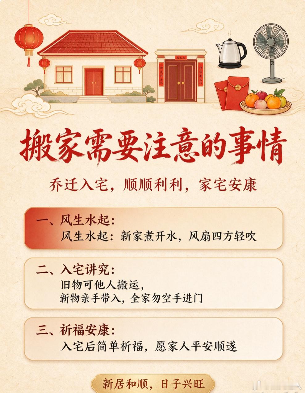 搬家需要注意的事情】✨1、搬家当日，可以在新家烧一壶开水，同时打开风扇在屋内四方轻吹，讨风生水起、家宅兴旺的美好寓意。✨2、搬入搬出有小讲究：旧家需要移出的物品，可交由他人帮忙搬运；搬进新家的物品，建议家人亲手带入。全家第一次进新家，手上不要空手，可携带米、水果或红包，寓意满载而归。✨3、正式入宅之后，若有需要，可简单祭拜祈福，祈求家人平安顺遂，家业昌盛。不方便燃放鞭炮，也可以用香、鲜果替代，重在心意。