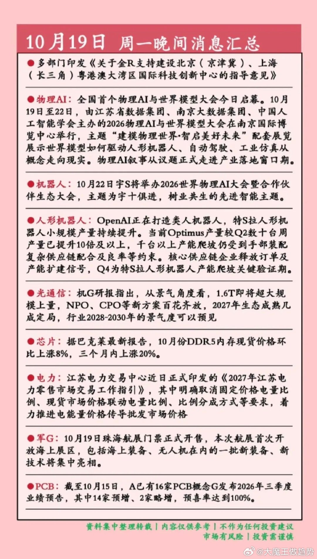 10.19周一  晚间：财经资讯+信息参考！

1.长三角科创中心
2.人形机器人
3.光通信模块
4.电力电网
5.军工，海工装备 ​