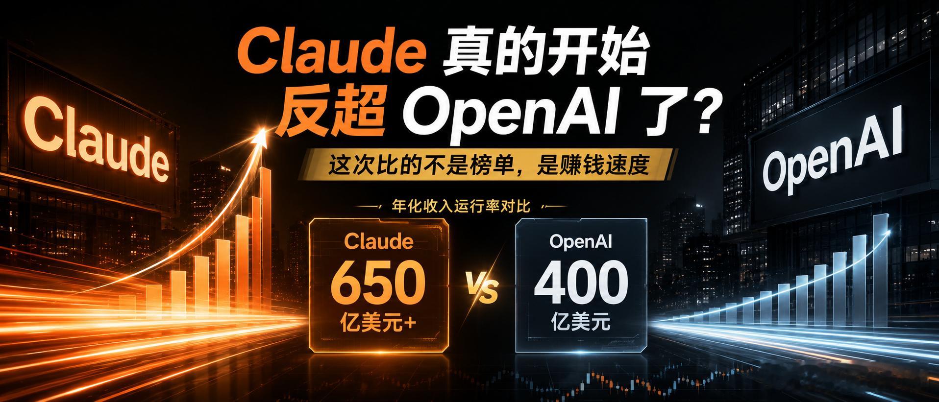 Claude 真的开始反超 OpenAI 了，这次比的不是榜单，是赚钱速度

最近大家都盯着模型谁更强，但今天更值得看的其实是另一组数字。

Anthropic 的年化收入运行率据报道已经冲到 650 亿美元以上，而 OpenAI 最新披露的同一口径大约是 400 亿美元。注意，这里的 650 亿不是 Anthropic 已经一年赚了这么多 ​