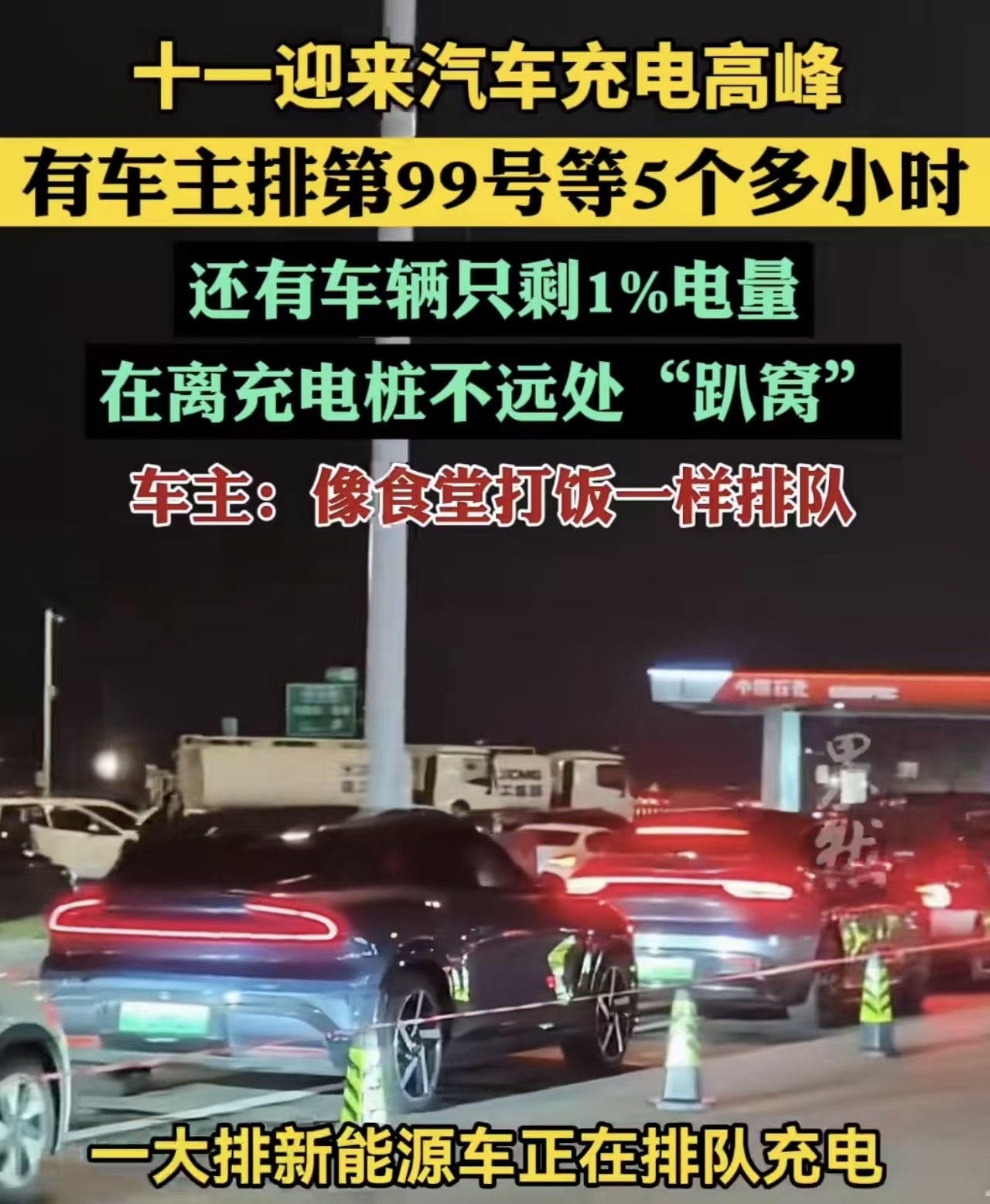 “笑不活了！”吉林延吉，一男子国庆出游。他从延吉出发，上高速前充满了电，一路上充了6次电，最长一次排队3个多小时。直接把他干崩溃了。还有人比他更惨，到服务区前只剩1%的电，在充电桩不远处“趴窝”。好不容易推到充电桩，发现排了几十个号。有车主排第99号，等了5个多小时。就跟等食堂打饭一样。这还玩个啥呀
