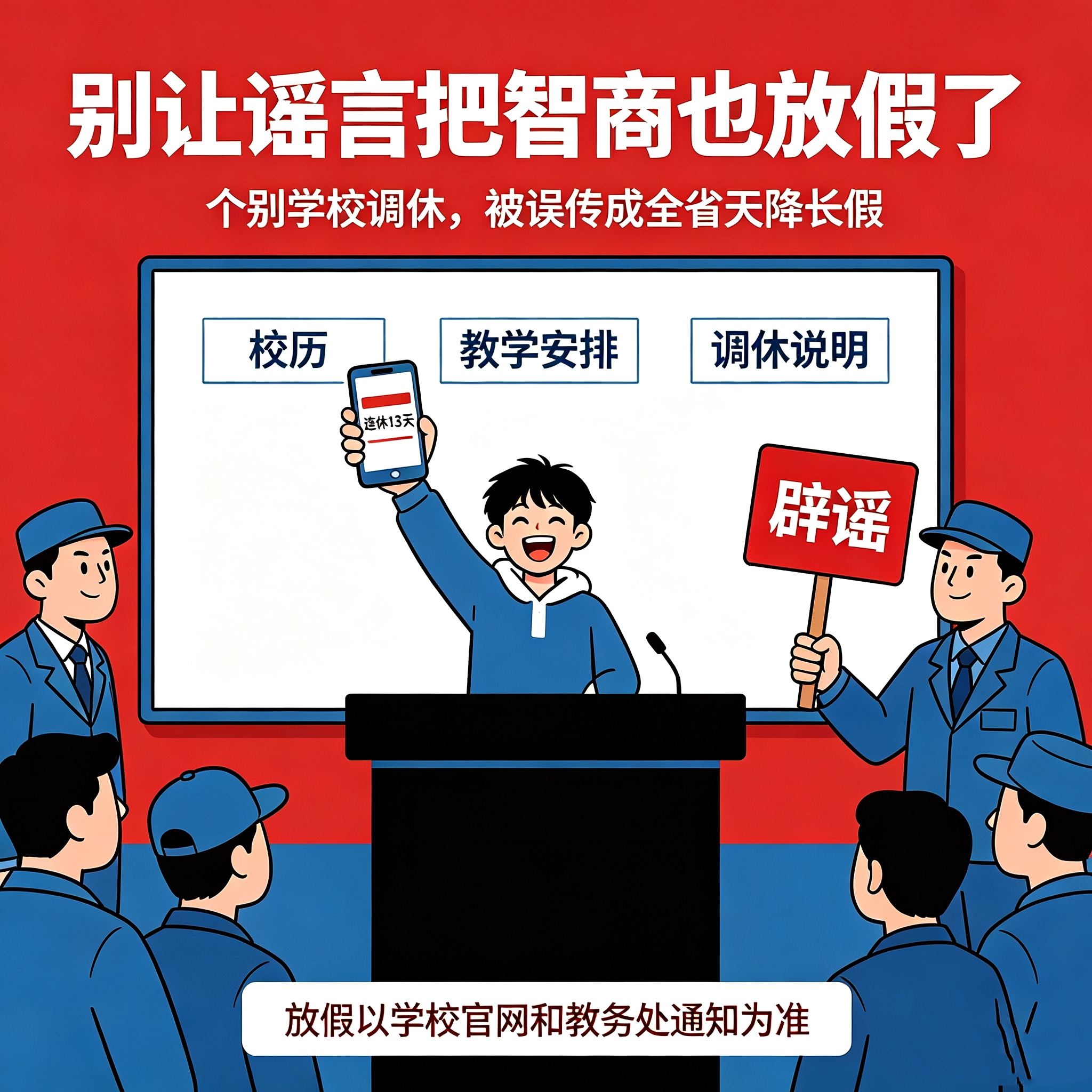 “四川高校连放13天假？”别急着羡慕，官方打脸了

网传“四川高校统一连休13天”冲上热评，学生直呼神仙学校。结果四川省教育厅及相关高校迅速辟谣：并无全省统一连放13天假的通知，各校作息按校历和教学安排执行，个别学校的中秋国庆调休被截图误传成“天降长假”。

这类“放假谣言”年年换壳：要么把调休拼成