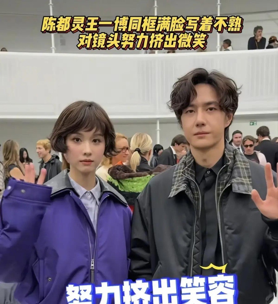 王一博坐LOEWE CEO和《VOGUE》主编中间。陈都灵以品牌大使身份同场。摄影师把两人框进一个画面，两人同步挥手，嘴角各动一下，眼神一个看天一个看地。
画面被截出来。网友说这是两个小人机在挥手。还有人说这笑容比上班打卡还标准。话题冲上热搜，人机式微笑、AI式营业成了标签。
事情就这么大。一场巴黎
