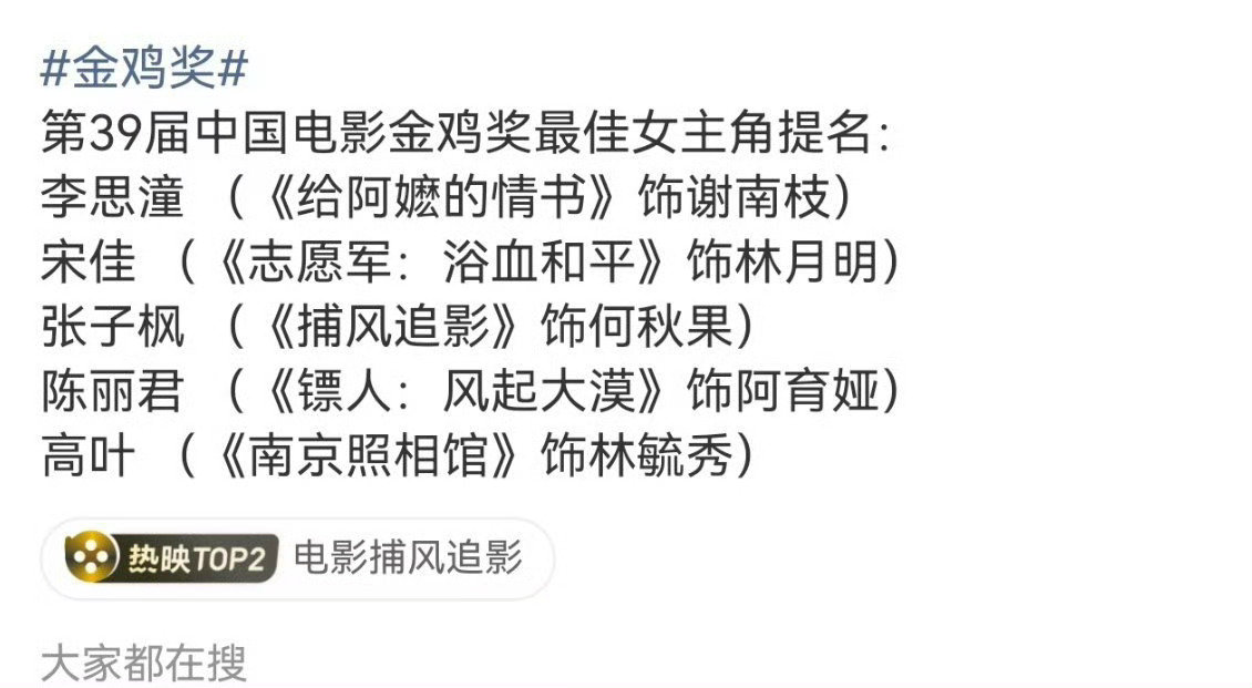 提名凑不齐可以不提的
金鸡这名单完全看圈内想捧谁 ​