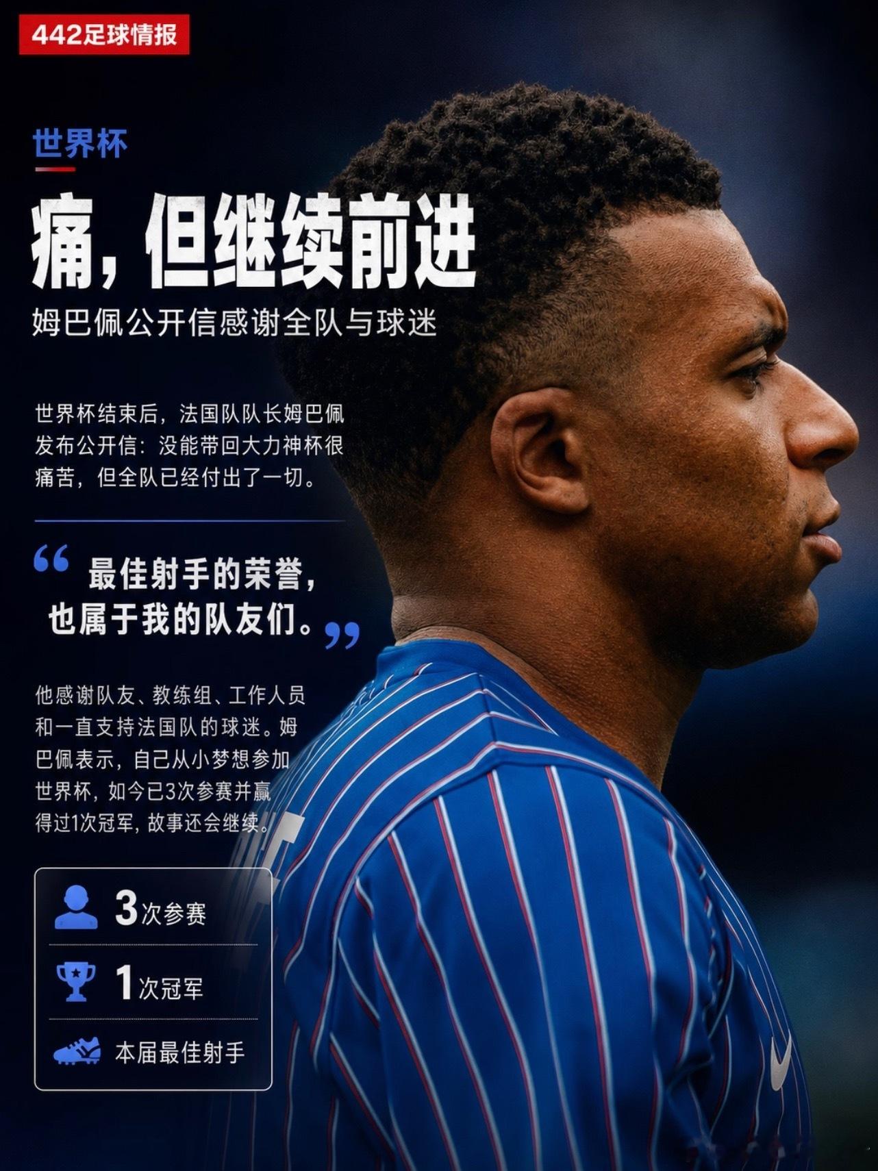 世界杯结束后，法国队队长姆巴佩发布公开信，回顾球队征程。他表示，没能带...