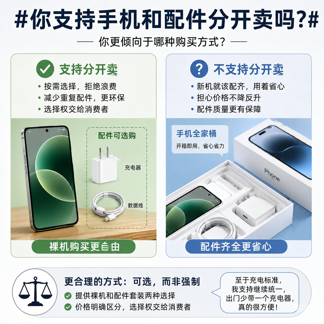 #你支持手机和配件分开卖吗#

我其实支持“可选”，但不太支持“一刀切不送”。

充电头、数据线这些配件，很多人家里确实已经一大堆了，重复标配既浪费又占地方；但如果手机取消配件，价格却没便宜多少，那“环保”就很容易变成变相涨价。

更合理的方式应该是：裸机和配件套装都能选，价格也明确拉开 ​