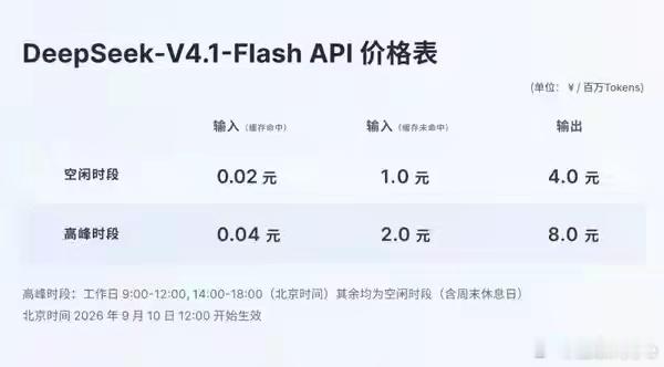 #DeepSeekV4.1Flash发布#
9月10日，DeepSeek正式发布DeepSeek V4.1 Flash模型。这是其全新模型结构系列中的最小尺寸的模型，具备原生多模态视觉理解能力。

经多方测试，V4.1 Flash 在性能、费用、速度、总用时等各项指标上已全面超越 DeepSeek V4 Pro，DeepSeek官方将计划有序下线 V4 Pro 模型。北京 ​