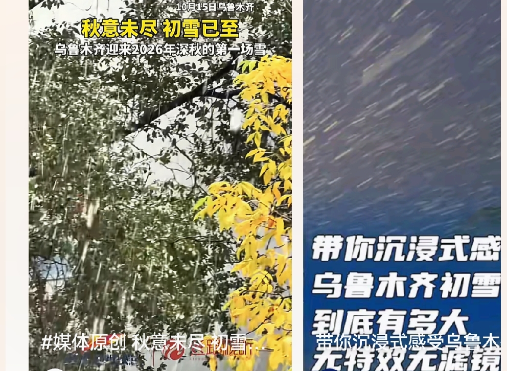 半城秋叶半城雪！乌鲁木齐迎来今秋初雪
 
当秋日的金黄还未褪去，一场初雪悄然造访乌鲁木齐。2026年10月15日，强冷空气席卷这座边城，细雨转成漫天雨夹雪，上演了半城秋色半城雪的奇妙盛景，秋与冬在此温柔相逢。
 
漫天雪花悠悠飘落，落在依旧金黄的枝叶上。黄叶还紧紧挂在枝头，白雪便轻轻覆于叶面，暖黄与