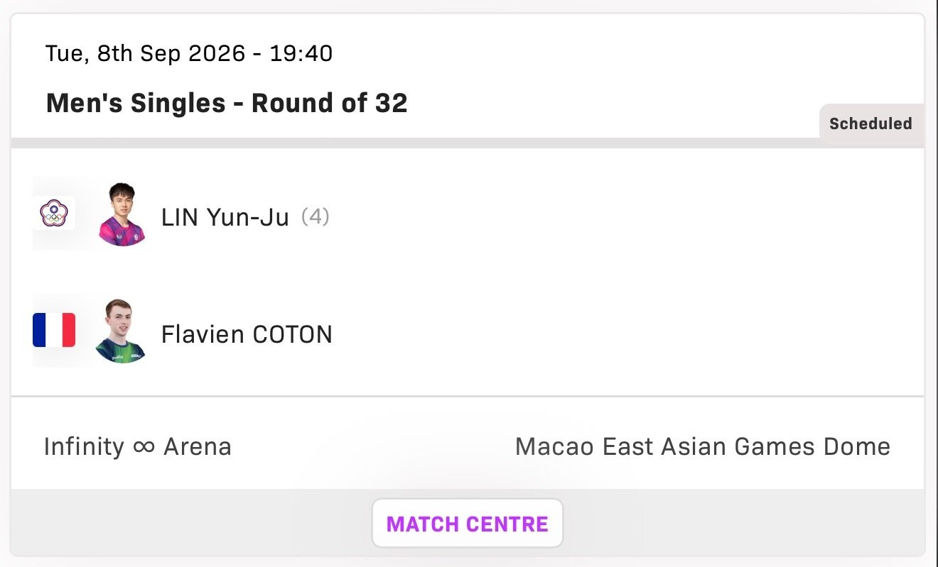 #林昀儒# 🏓  #wtt澳门冠军赛2026#赛程 
9.8 男单 北京时间 19:40 林昀儒VS Flavien COTON ​
