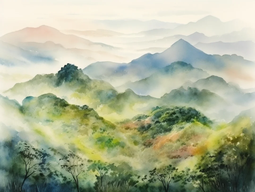 水彩 山雾