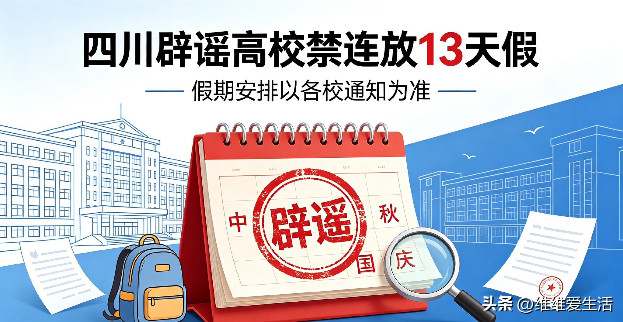 四川辟谣高校禁连放13天假！假期安排以各校通知为准
 
中秋、国庆双节临近，高校放假安排成为网友热议话题。近期网络上流传一则消息，称四川省教育厅下发通知，省内所有高校禁止中秋国庆连放13天假期，上报的长假方案全部被驳回，学校只能按照原有校历放假 。这则消息在各大社交平台快速扩散，不少四川高校学生信以