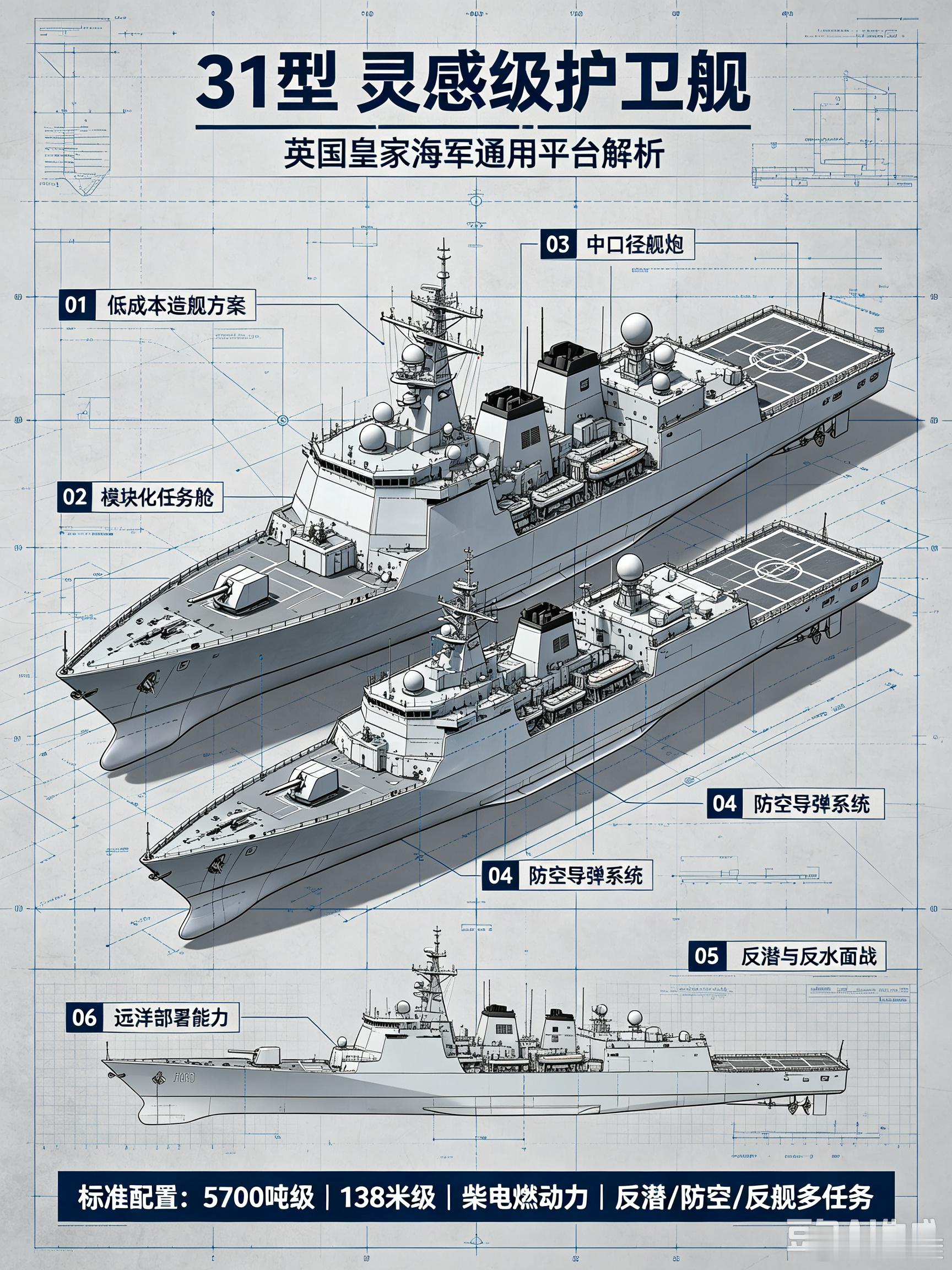 #军事ai新视野# 英国 31型 灵感级（Inspiration-class）通用护卫舰 #ai热力追踪# 
 
一、项目概况
 
正式型号：Type 31 灵感级护卫舰
定位：低成本、轻量化通用远洋护卫舰，和高端反潜26型护卫舰形成高低搭配，替代老旧23型护卫舰，执行低至中烈度任务，解放26型专注高端反潜作战。
建造方：巴布科克国 ​