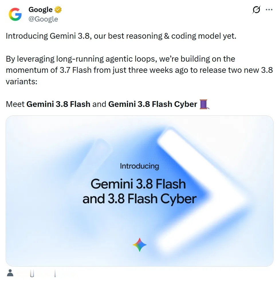 深夜刷到一条消息，谷歌又把 Gemini 3.8 发了。算上这次，六周之内第三款 Flash 模型，这节奏真的离谱——别的厂一年憋一个大版本，谷歌这边跟不要钱似的。
简单说几个重点，全是干货：
价格一分没涨，输入每百万 Token 0.75 刀、输出 3.75 刀，跟 3.7 一模一样，但代码和 A