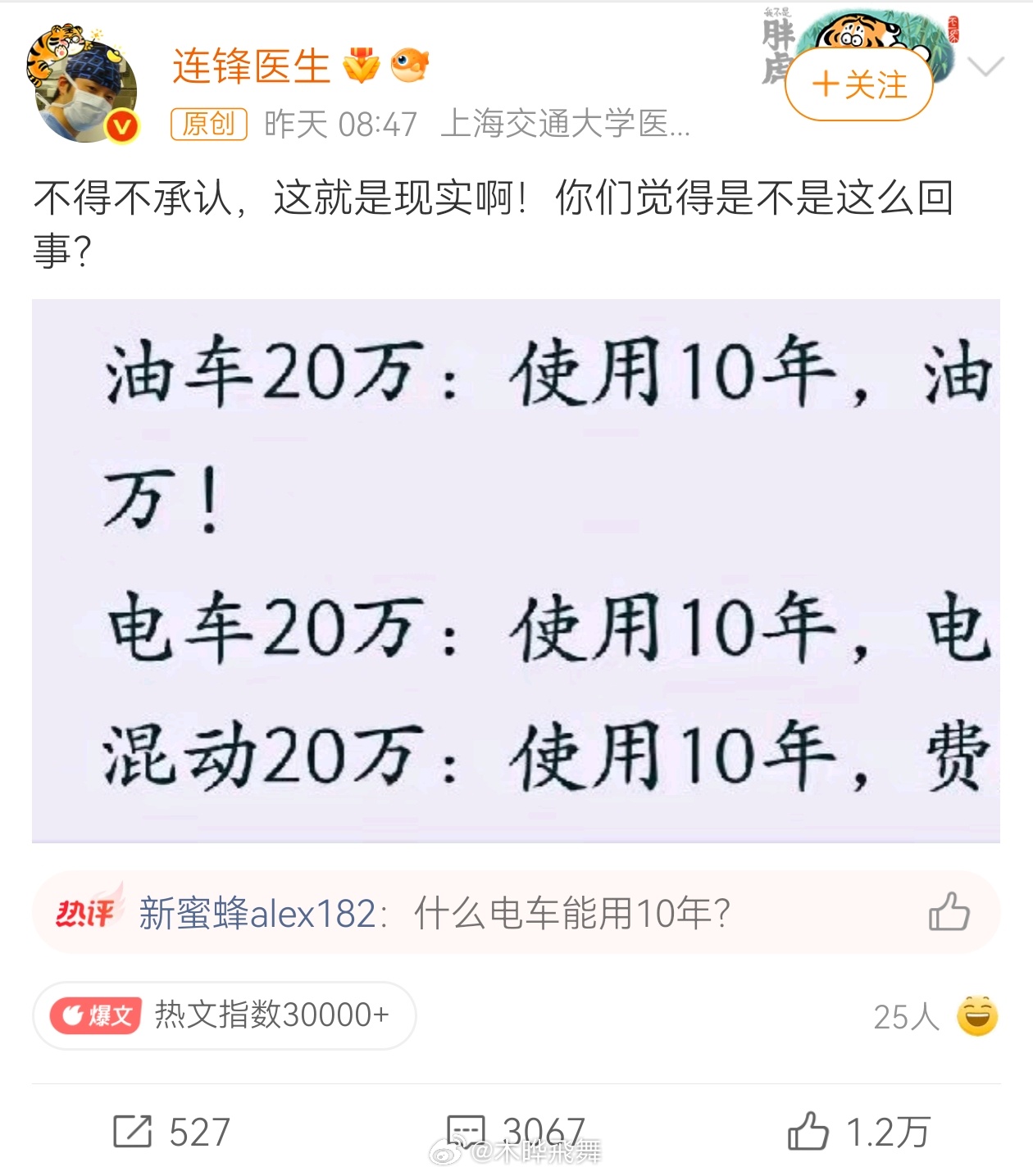油车电车10年成本账怎么算图一三处问题：电车卖0万，夸张（10年电车残值约1~4万）、三车都漏算了保养和保险（10年差4~6万）、混动4万能源费无依据（HEV按5L油耗10年约6万），图二结论仍是电车最省，但优势是几万块，而非碾压。木晔叙事[超话] ​​​