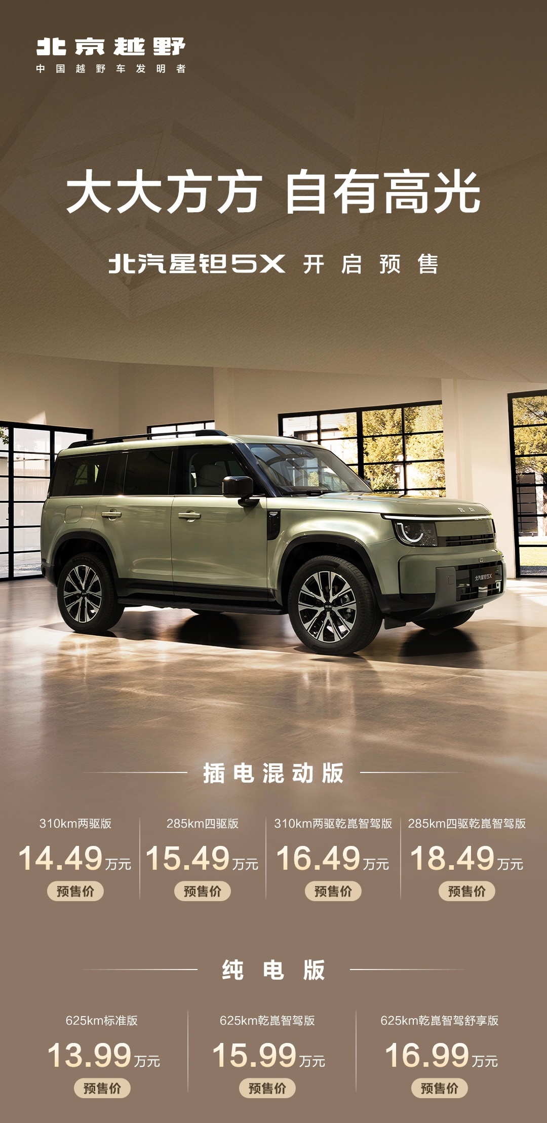 北京越野正式发布“星钽”品牌，首款车型星钽 5X 同步开启预售，共推出 7 款车型，预售价 13.99 万元起。#北京越野##北汽星钽5X##星钽5X大大方方自有高光# 

⑴ 纯电版
625km 标准版：13.99 万元
625km 乾崑智驾版：15.99 万元
625km 乾崑智驾舒享版：16.99 万元

⑵ 插混版
310km 两驱版：14.49 万元
 ​