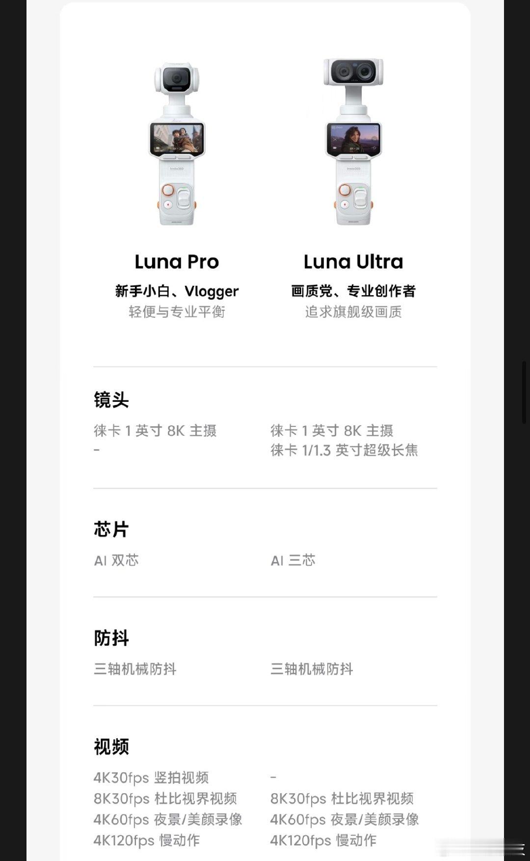 影石Luna Pro发布了，起售价为3399元，它对比Ultra少了一个长焦镜头，但是多了4K30帧竖拍视频，为啥Ultra反而不支持啊，有点难受啊，官方能不能更新增加一下啊#影石lunaultra# ​