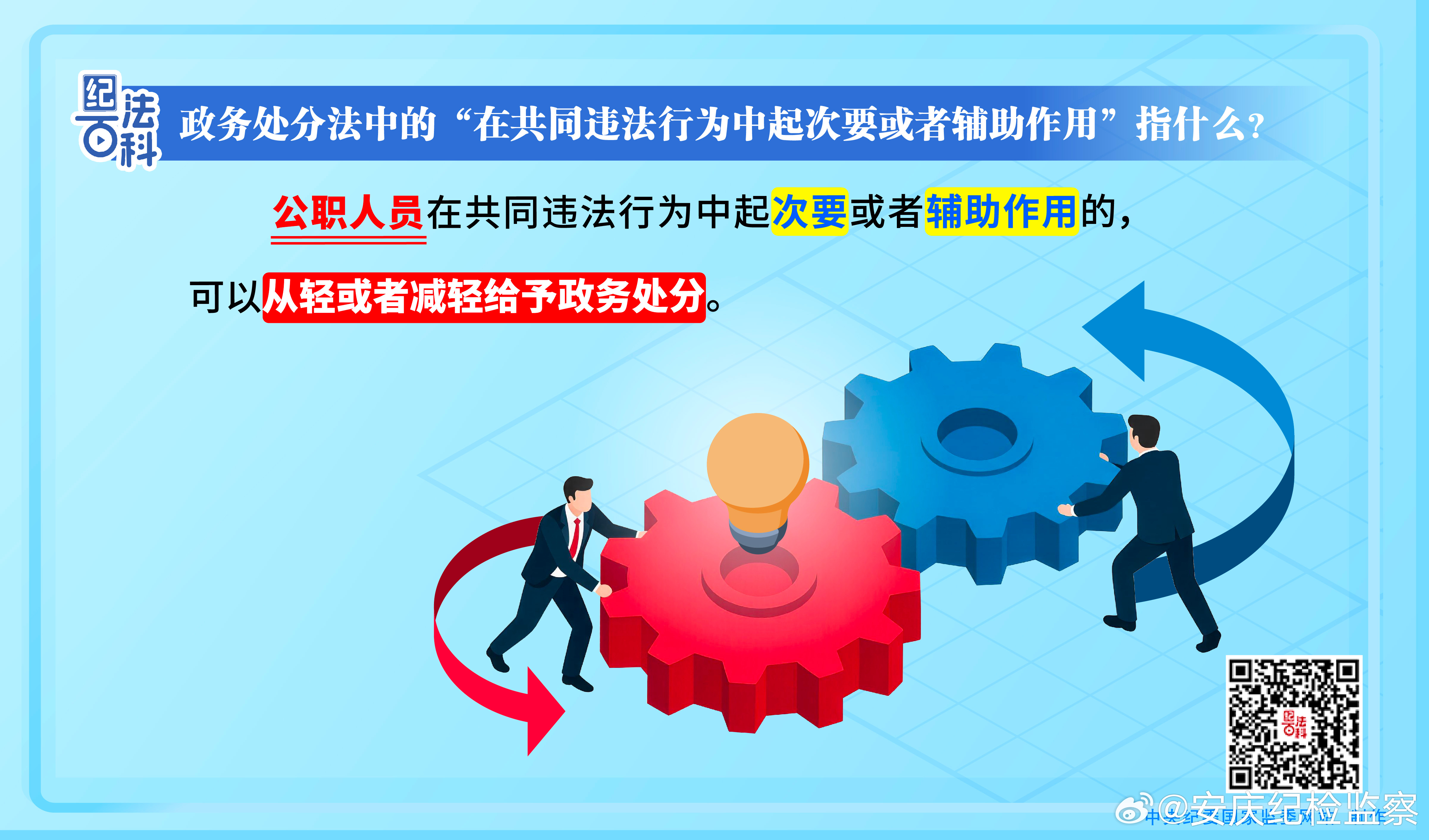 【纪法百科丨政务处分法中的“在共同违法行为中起次要或者辅助作用”指什么？】《中华人民共和国公职人员政务处分法》第十一条规定：公职人员在共同违法行为中起次要或者辅助作用的，可以从轻或者减轻给予政务处分。
　　本条规定的“从轻处分”，是指在本法规定的违法行为应当受到的处分幅度以内，给 ​