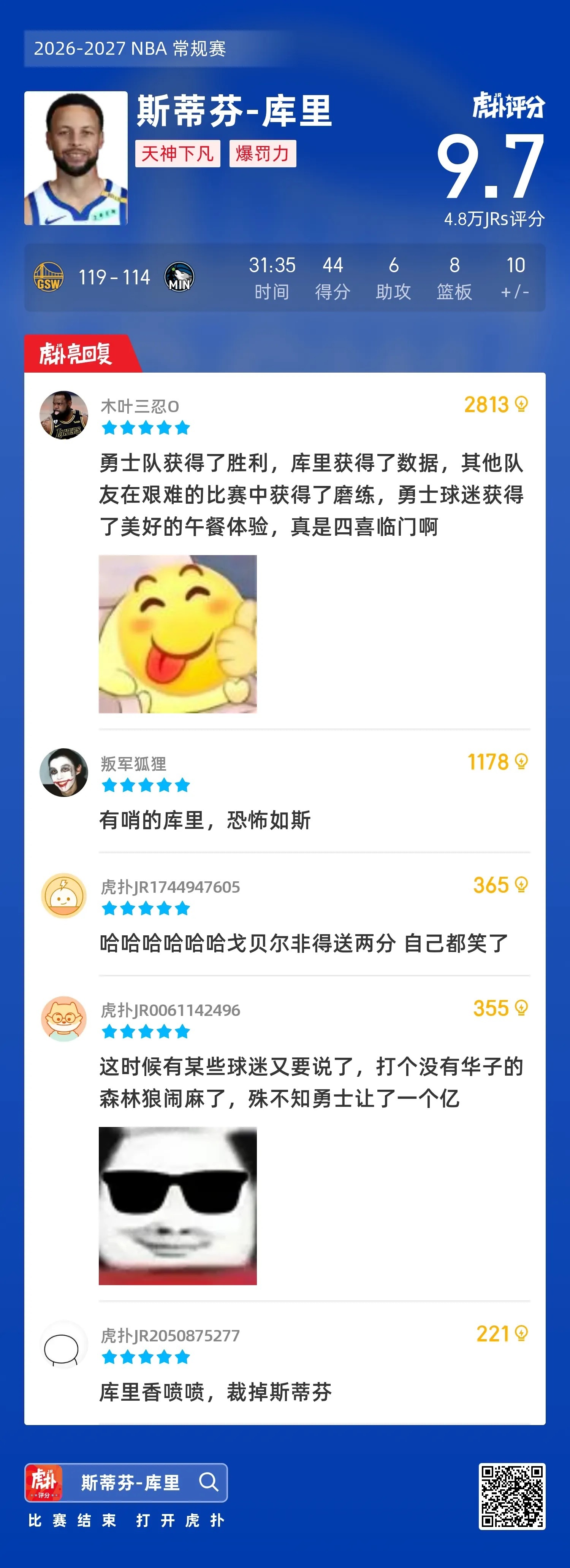 爆砍44分！库里35岁后15次砍下40+，追平詹姆斯并列第一

今日NBA常规赛，勇士以119-114战胜森林狼，斯蒂芬-库里得到44分8篮板6助攻。

据记者Dalton Johnson统计，这是库里35岁后第15次单场得到至少40分，追平勒布朗-詹姆斯，并列历史第一。

该项榜单中，库里和詹姆斯均为15次，迈克尔-乔丹以12次排名 ​
