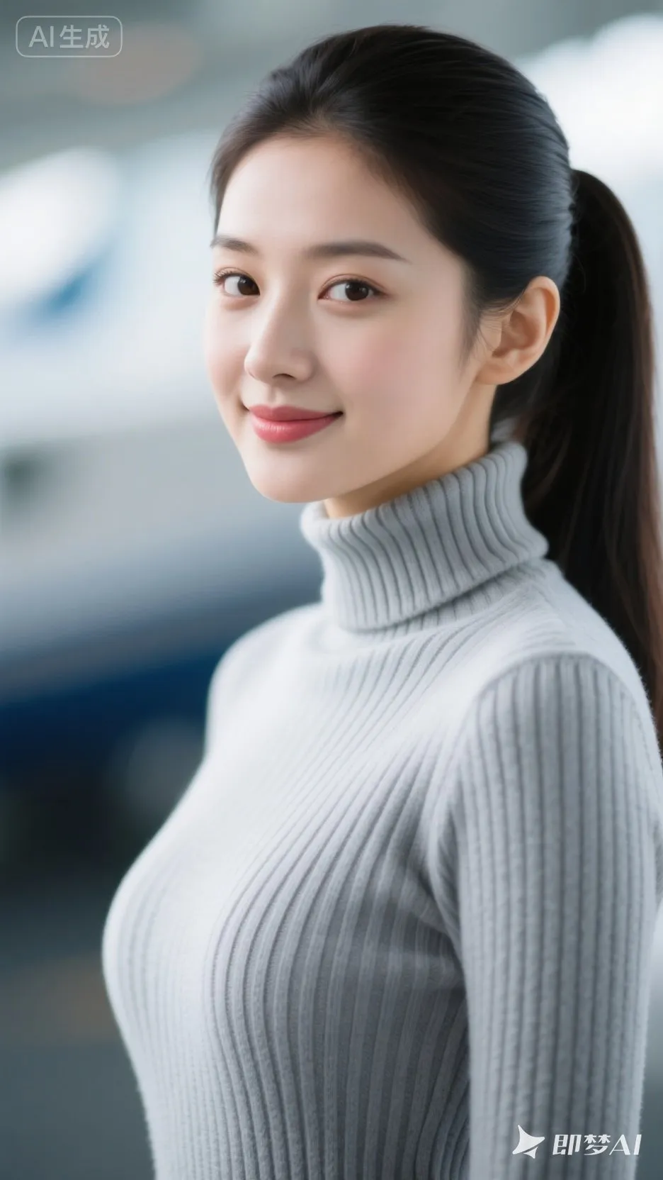 《机场邂逅“氧气系”小姐姐，高领毛衣尽显高级范，这才是职场穿搭的正确范...