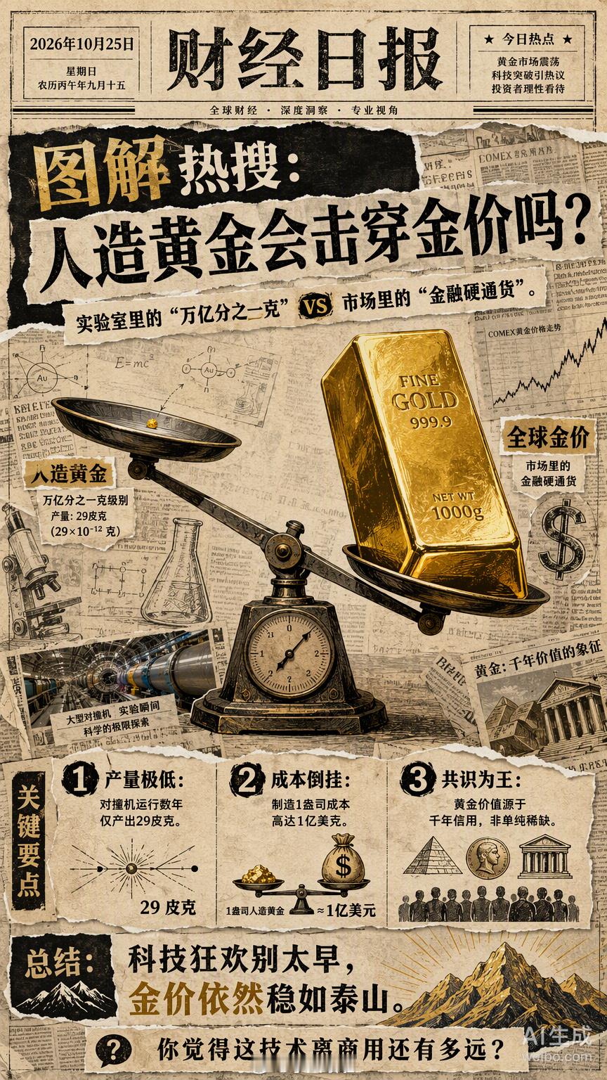 大家对“量产”这两个字的误解有点深。

有些新闻把实验室里那万亿分之一克的产出吹得天花乱坠，好像明天金店就要改行卖“合成金”了。但咱们算笔账就清醒了：目前靠对撞机造出来的那点金子，连肉眼都看不见，真要凑够1克，设备得连轴转几百万年。至于那个宣称技术突破的美国公司，就算他们梦想成真建 ​