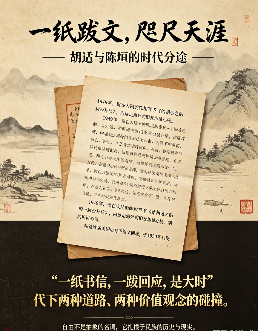 一纸跋文，咫尺天涯：胡适与陈垣的时代分途
 
山河鼎革之际，一封跨海传递的书信，将两位相交多年的史学挚友，推向了截然不同的人生两岸。
 
1949年，留在大陆的陈垣写下《给胡适之的一封公开信》。历经时代巨变，这位饱读典籍的史学大家，在信中写下自己的所见所思，向远走海外的旧友坦诚心境，劝胡适放下固有成