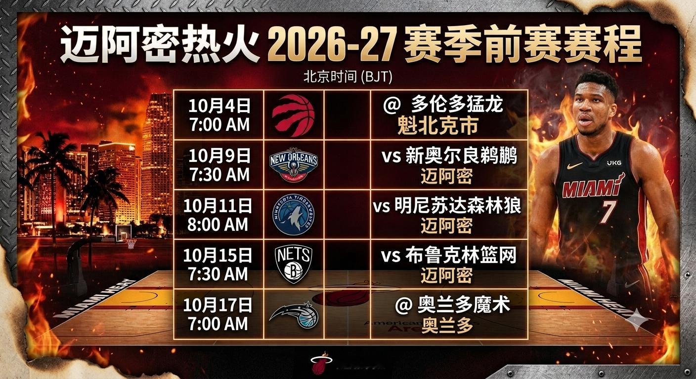 热火2026-27赛季季前赛已公布赛程及北京时间版赛程海报  据此前已...