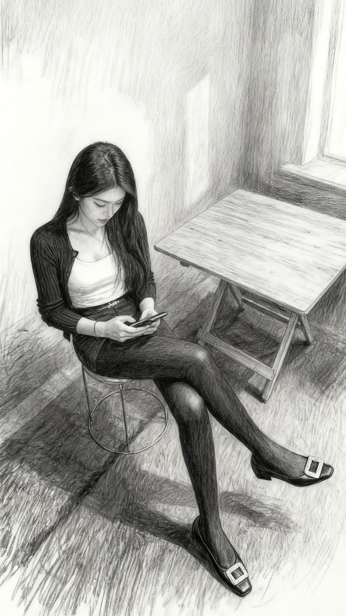 每日素描分享｜黑丝光影里泛着软绒质感，姿态慵懒又安静的氛围，封进了细腻...