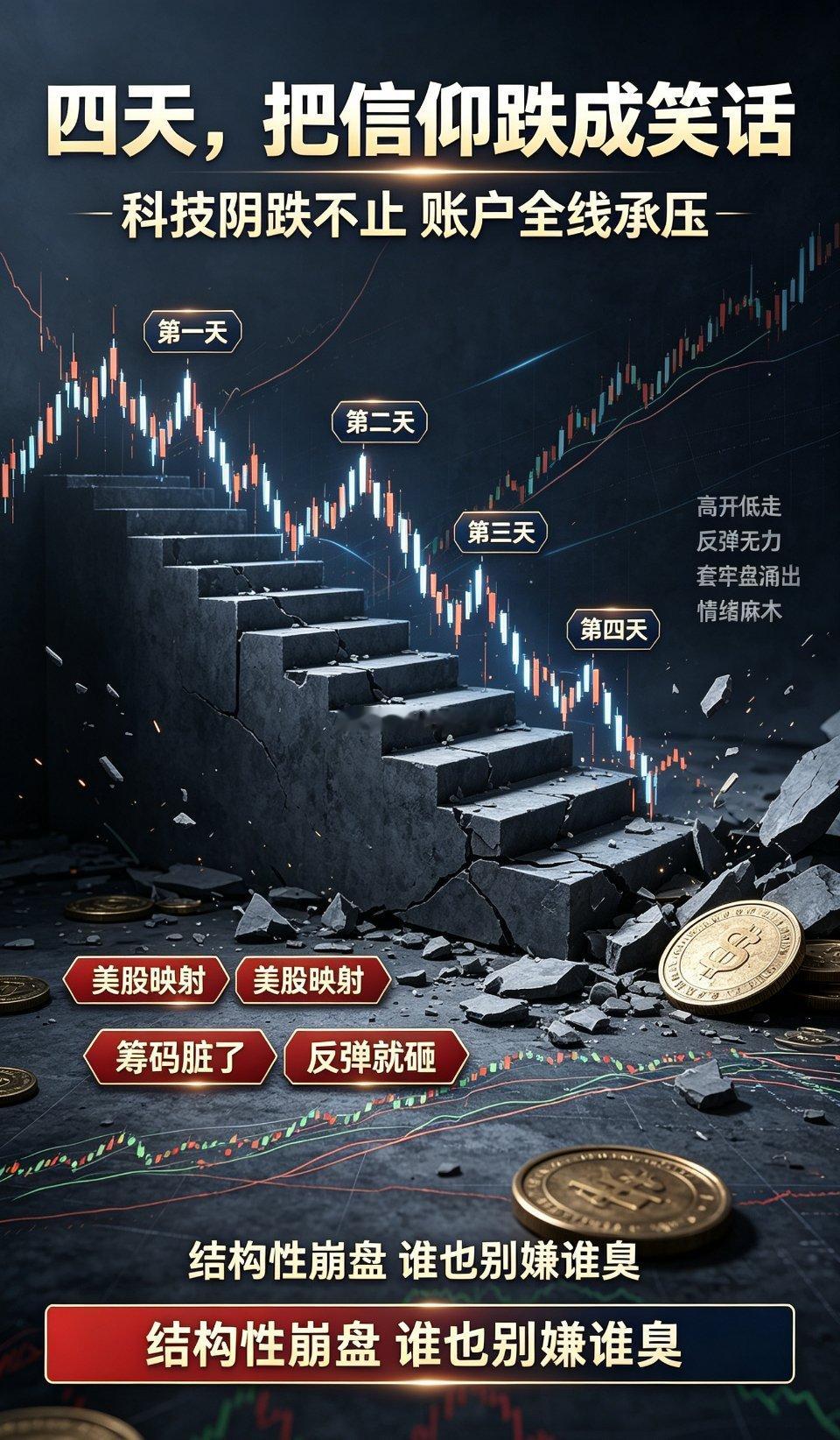四天阴跌，把科技的信仰跌成了笑话
 
短短四个交易日，很多投资者对于科技赛道的信仰，已经被持续阴跌碾成了笑话。
 
回望七月的那一轮大跌，属于科技板块大涨之后的快速回调。尽管下跌迅猛，行情逻辑清晰，大多数投资者尚且能够接纳。而步入九月的首个交易周，盘面开启了磨人的阴跌行情。几乎每天高开 ​