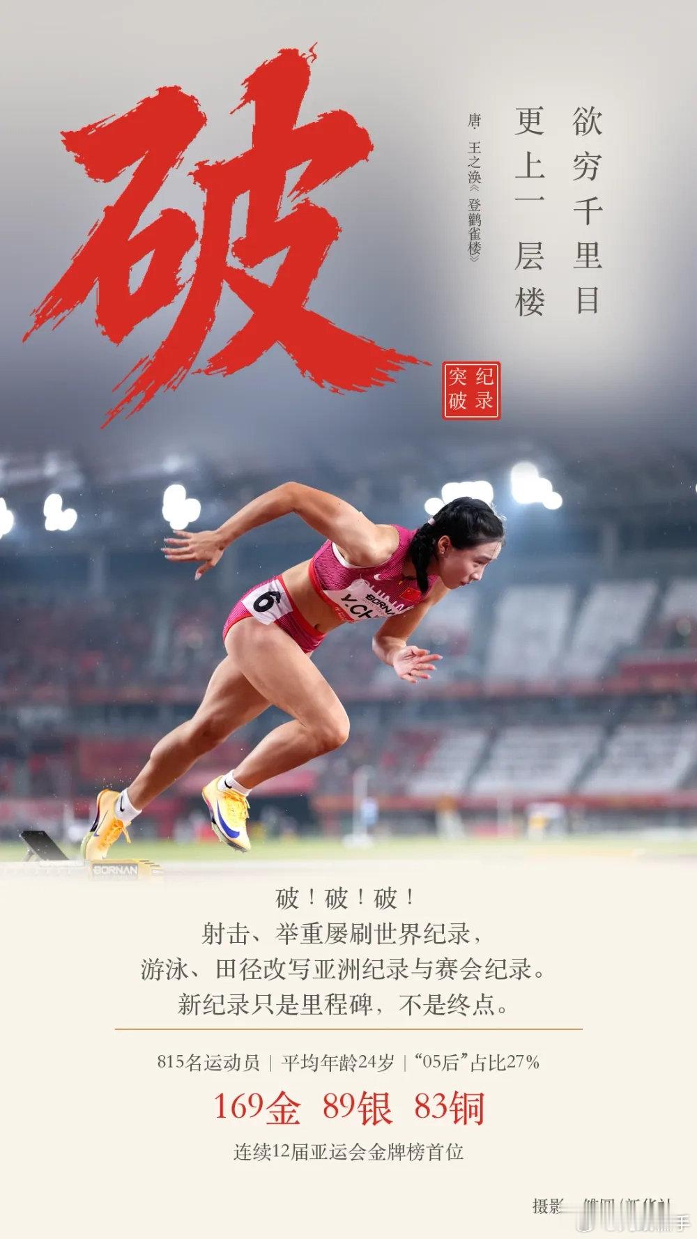 #九字读懂中国体育的亚运答卷# 连续12届金牌榜首，是荣耀也是标尺。169金背后，有骁勇冲锋，有承固守成，更有破拓砺醒聚，提醒我们胜不骄、进不止 ​