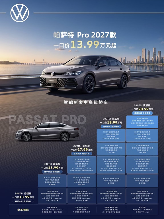 新款帕萨特Pro终于上新✅一口价13.99万起
1.5T/2.0T可选，动力总成终身质保
矩阵大灯+超大后排空间，内饰质感拉满
兼顾家庭出行与商务排面，油车党心动之选。
#帕萨特Pro新车上市 #买车攻略 #帕萨特Pro2027款上市 #上汽大众 #汽车推荐