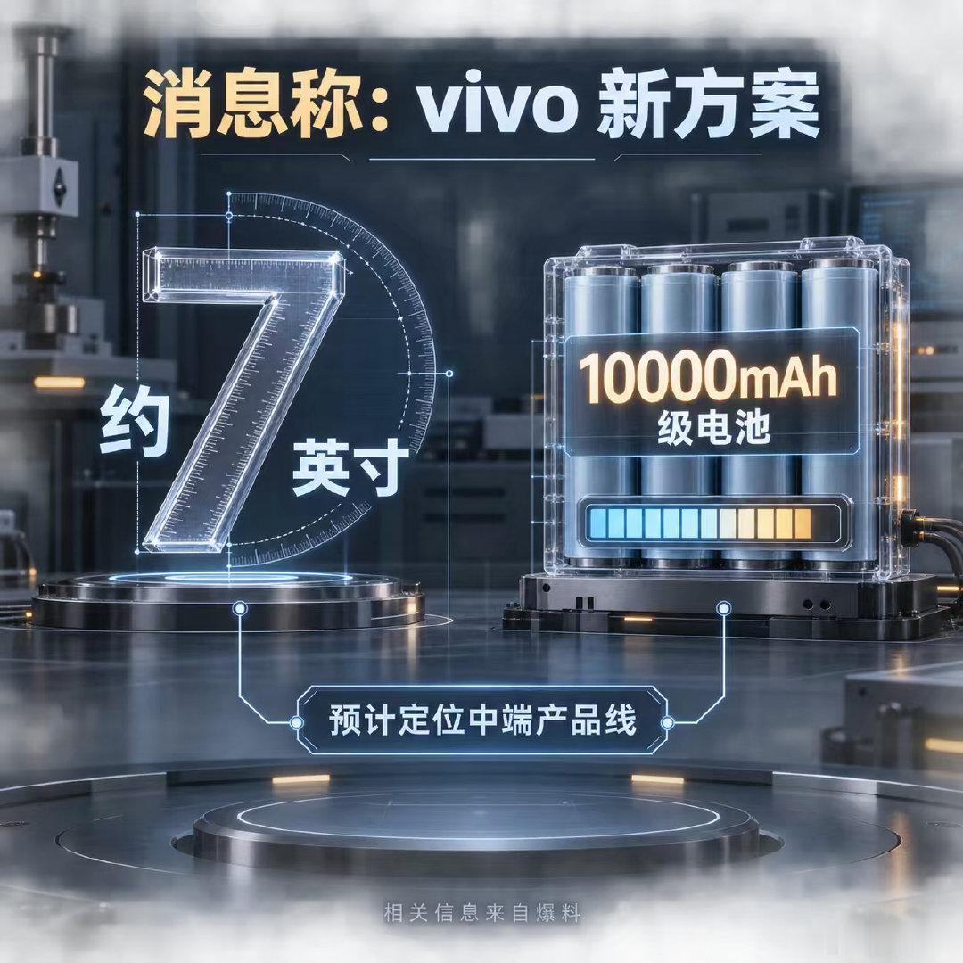 【数码快讯】博主数码闲聊站称，vivo近期新增一项约7英寸屏幕、10000mAh级电池的设备方案，预计用于中端产品线；旗舰产品线的相关方案暂未披露。

此前该博主还曾提到，多家手机厂商正在评估7英寸屏幕方案。目前相关信息均来自爆料。#新机爆料##7英寸大屏##10000mAh电池##中端机型##手机行业动态# ​