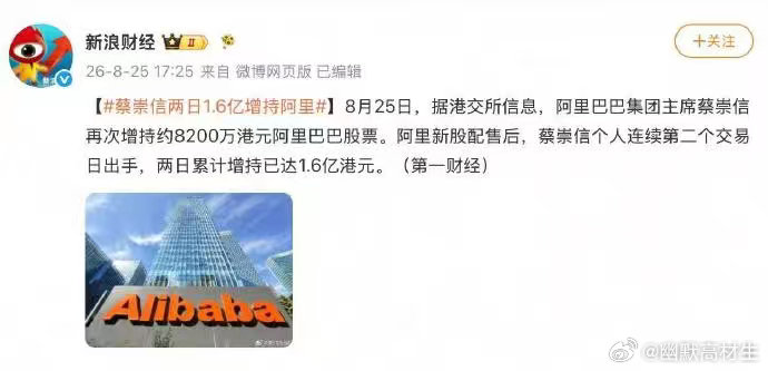 #马云蔡崇信吴泳铭连续增持阿里超8亿# 别人支持前公司：祝越来越好。马云支持阿里：先买6亿多港元再说。 ​