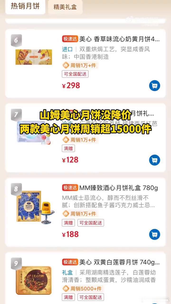 #不打折的山姆月饼反而卖爆了#
消费者不是突然迷上了“原价”，而是越来越烦那套先把礼盒价格抬上天、临近中秋再挂出巨大折扣的戏法。话题页显示，线下商超月饼普遍打到六至九折，一款原价318元的美心礼盒降到238元；山姆在售的两款美心月饼没有促销，相关周销量仍超过1.5万件。

打折当然不是罪，先制 ​
