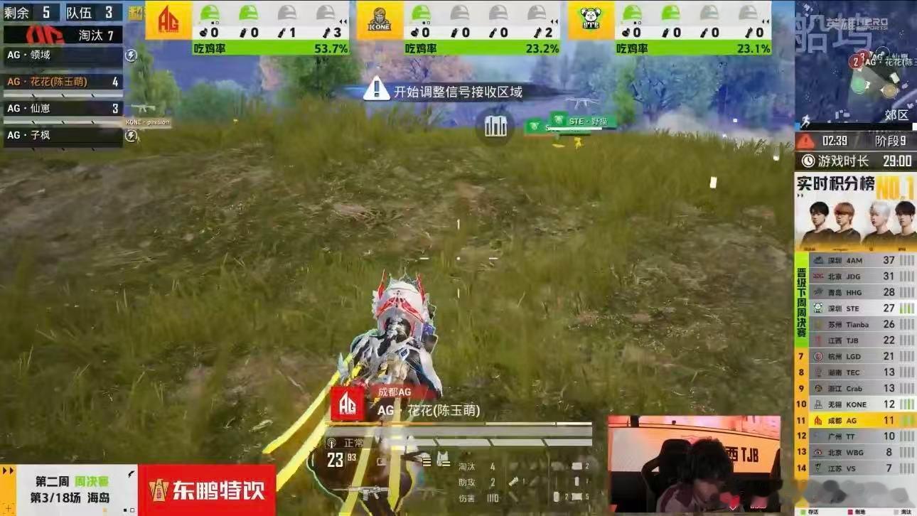 多支战队扎堆混战陷入乱局，AG二人冷静寻找输出机会，依托地形相互掩护交...