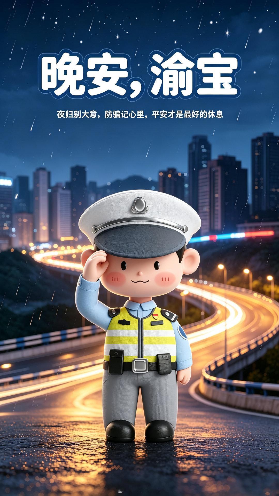 #晚安# 渝宝们别光顾着熬夜刷手机，陌生链接别乱点，中奖信息别轻信，夜归路上多留心。“蜀黍”白天帮你守交通，晚上给你提个醒：平安回家，才能睡个好觉。晚安啦，明天继续元气满满！#守护渝宝每一天##晚安[超话]# ​