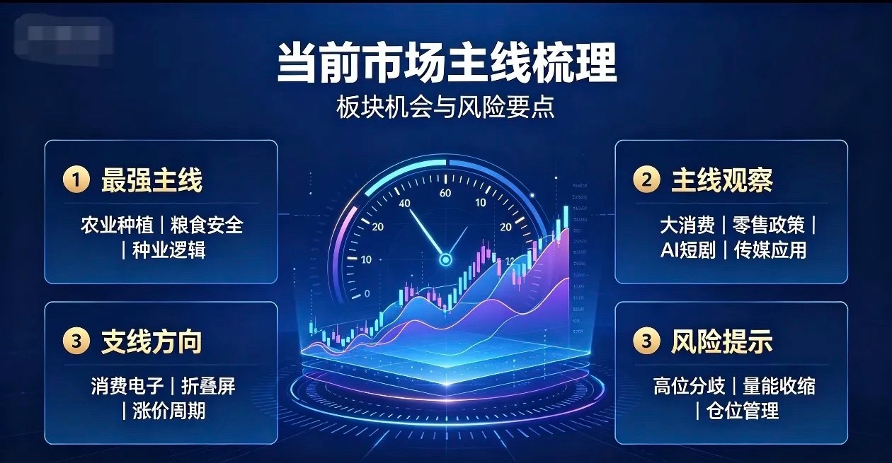 当前市场主线梳理，板块机会与风险要点
 
当前市场板块分化明显，多条主线、支线行情轮番演绎，同时部分赛道进入退潮阶段，操作上需要区分强弱，理性看待题材催化。
 
最强主线落在农业种植与粮食安全方向，受全球粮食报价上行驱动，彭博农业现货指数大幅上涨，黑海出口扰动叠加气候因素，推动种业、粮 ​