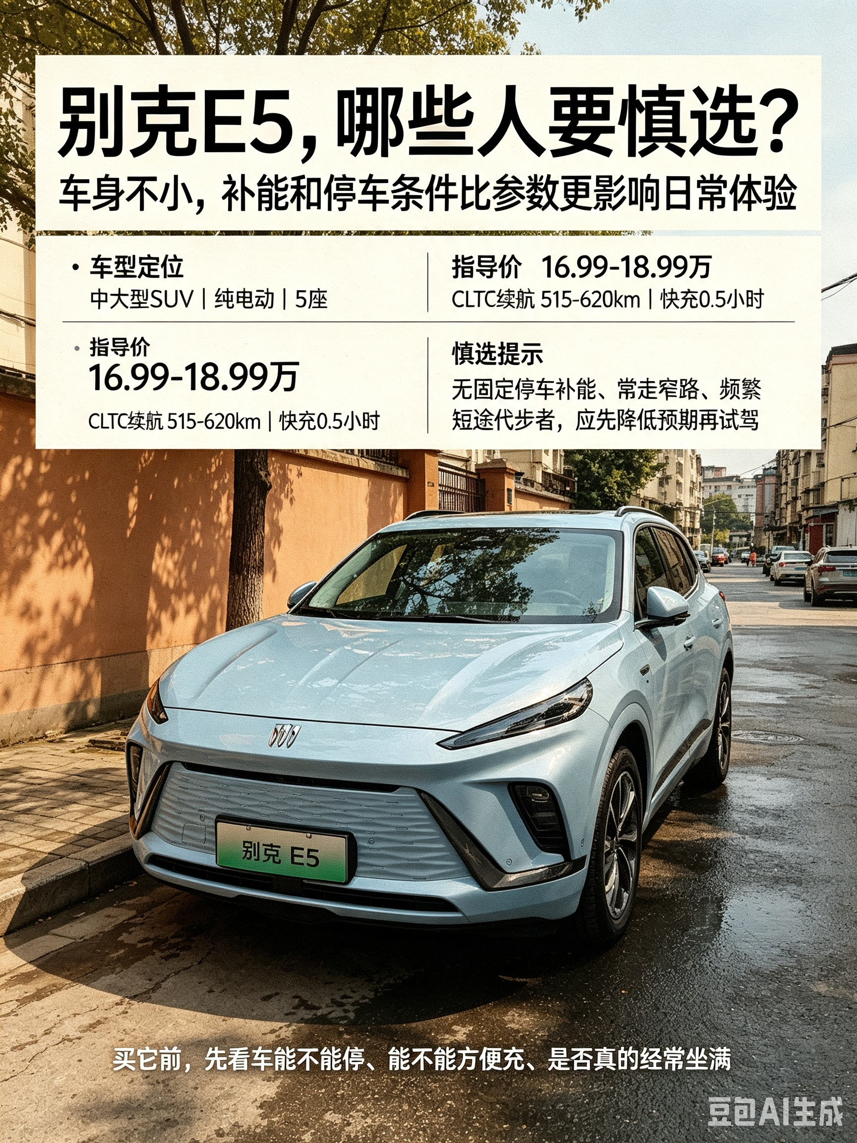 别克E5是别克首款纯电车，当初设计是全球车型，准备在北美地区上市的，最后难产了。这车设计定位不是纯国内，所以很多功能都较为滞后，比如智能化、车机等等，都比新势力有差距。唯一亮点就是奥特能电控平台，电池安全系数在第一梯队了。【来自懂车帝车友圈】