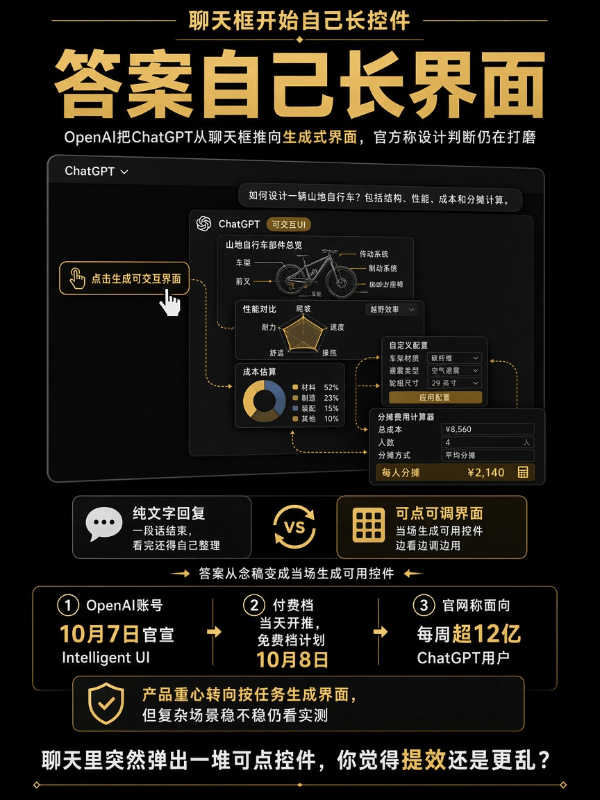 ChatGPT答案开始自己长界面了。OpenAI账号10月7日官宣Intelligent UI：图文按钮表单可点可调，还能当场造计算器一类小工具；付费档当天、免费档10月8日。官网同日确认，官方宣称，设计判断仍在打磨。