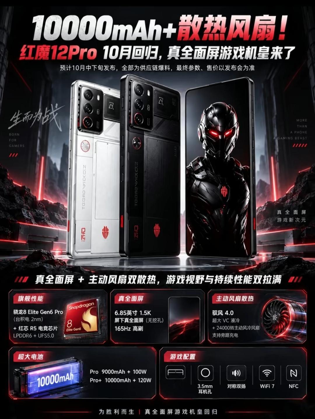 红魔12 Pro爆料！10000mAh电池+主动风扇，真全面屏游戏手机来了