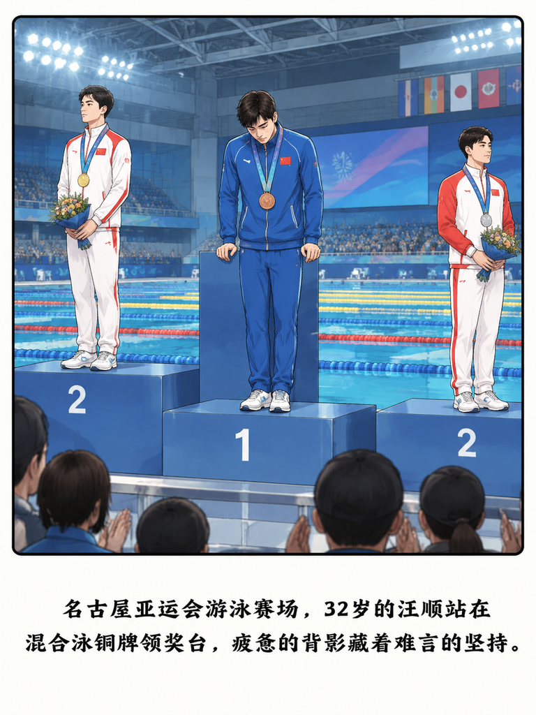 窝在沙发上和爸看名古屋亚运会回放，镜头里32岁的汪顺扶着池边喘气，领奖台的铜牌晃得人发涩。

我脱口问他都多大了咋不退？

爸端着水杯苦笑没人接啊。

刷到潘展乐拿自由泳金牌的通稿时我还凑热闹，谁知道他的主项和那俩新人根本不是一回事？

他早该传帮带了，还在混泳赛场硬扛，到底在等谁？