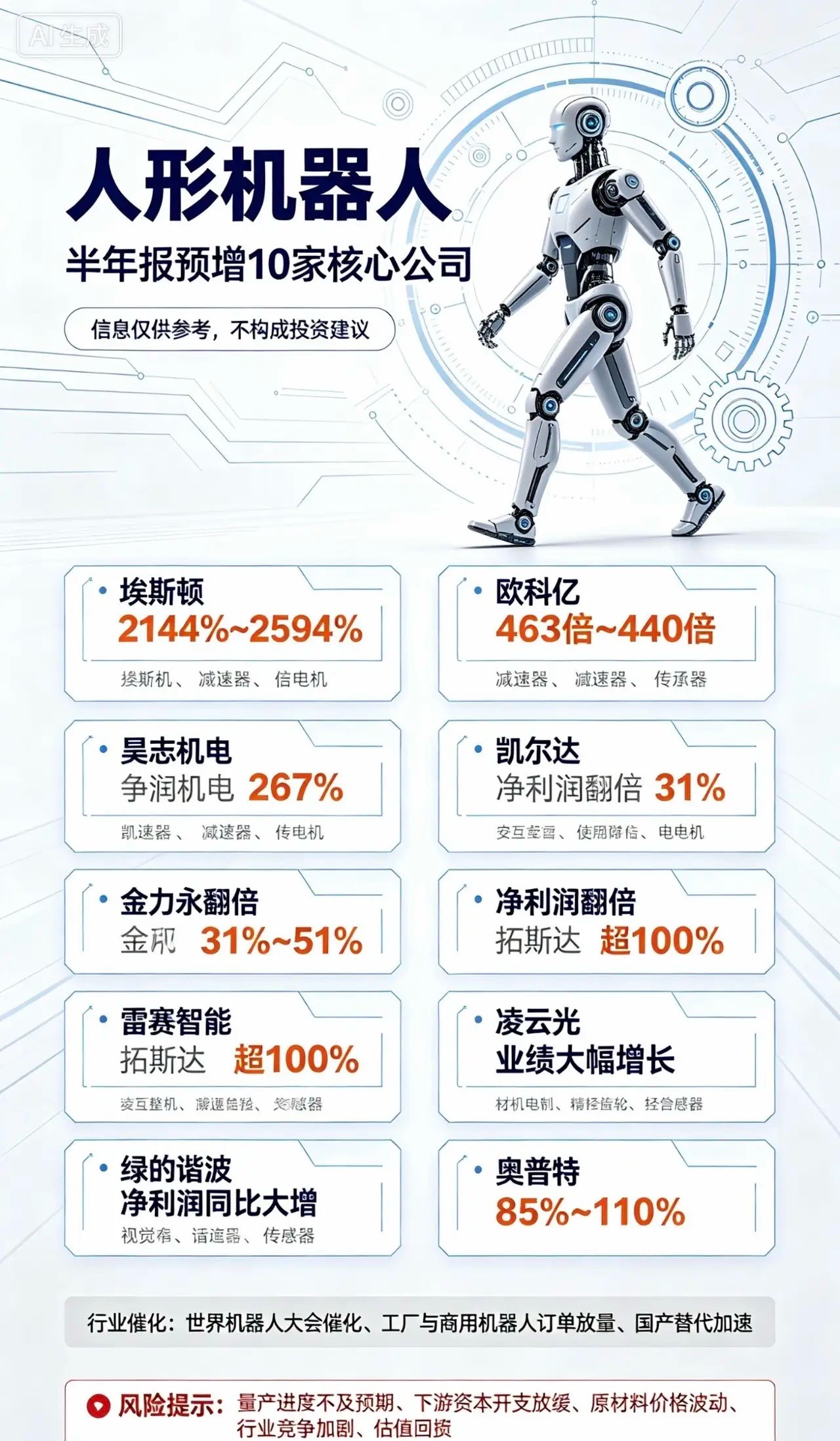 人形机器人

半年报预增10家核心公司

信息仅供参考，不构成投资建议

1. 埃斯顿
中报预增2144%~2594%；国产机器人整机龙头，自研人形机器人、伺服电机、减速器，酷卓人形机批量送样，工业+人形双业务放量。

2. 欧科亿
中报预增463倍~540倍；人形机器人传动齿轮、关节刀具核心供应商，精密加工刀具批 ​