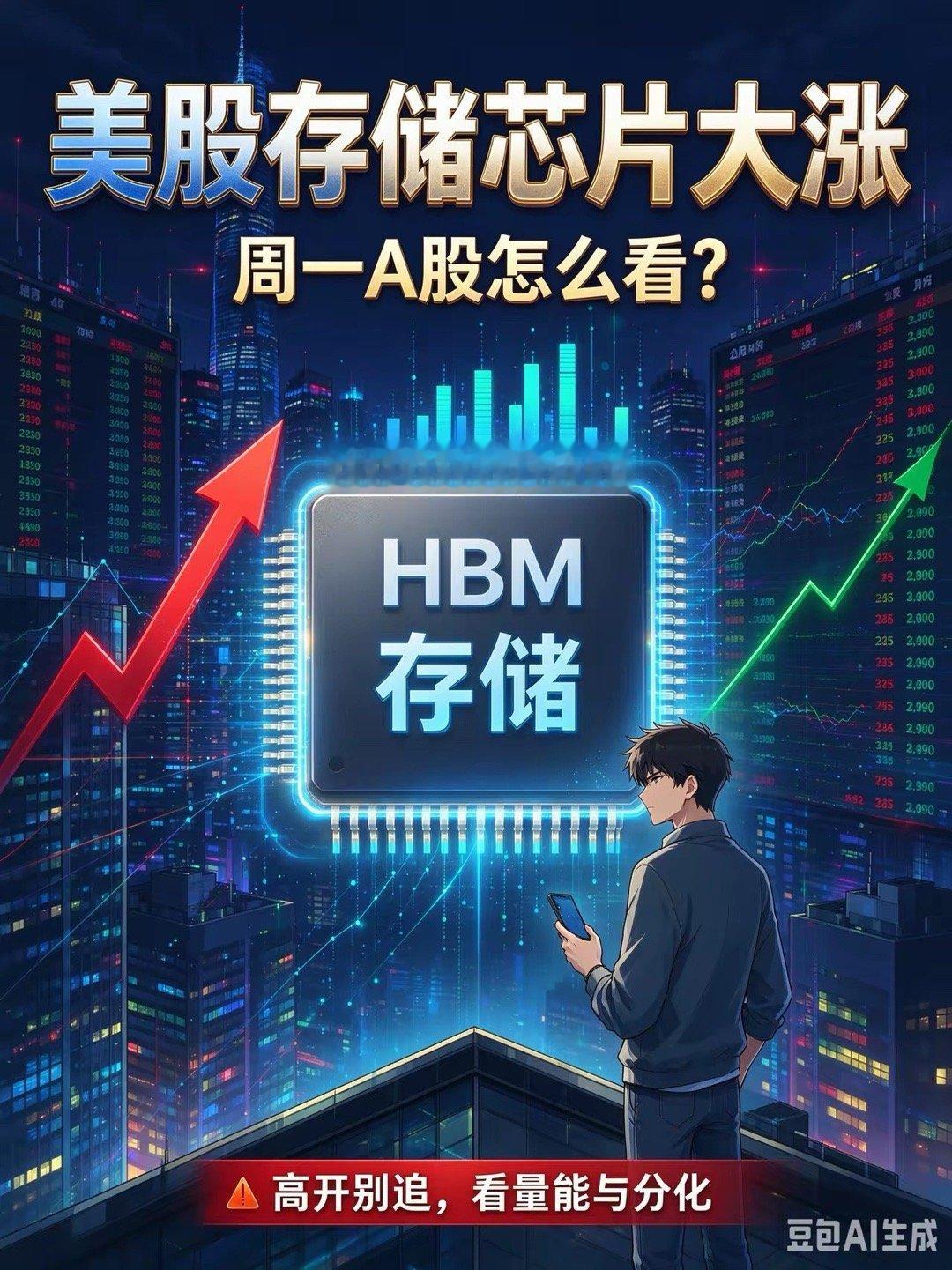 美股存储芯片大涨，周一A股怎么看
​​隔夜美股存储芯片集体走强，美光、SK海力士相关标的大涨，核心逻辑：AI算力拉动HBM、企业级存储需求，全球存储供需缺口延续，涨价预期继续发酵 。
​​落到A股周一：
1、存储板块大概率高开，属于情绪催化，不是直接复刻美股涨幅 。A股多为模组、分销、配套环节， ​