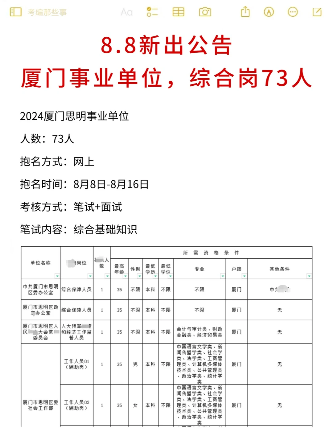 厦门事业单位公告，综合岗73人！